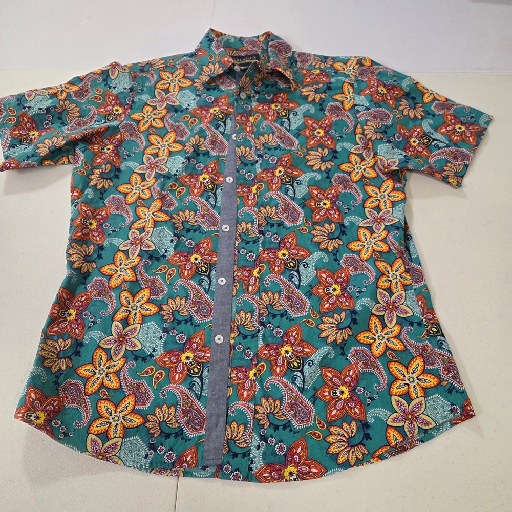Cremieux Premium Denim Mens Medium Teal Paisley Floral Short Sleeve Button Shirt